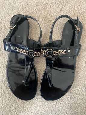 Black Patent Leather Chain-Accent Women's Sandals